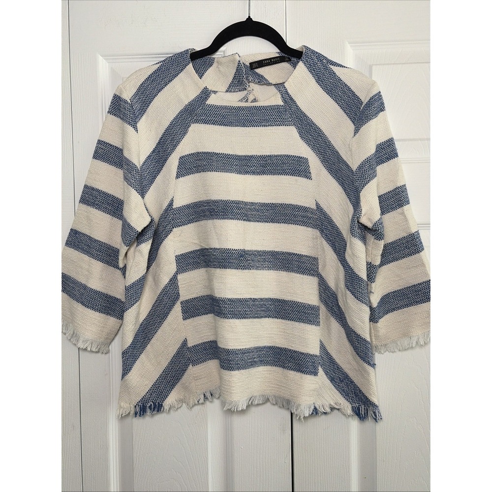 Zara Basic Striped Frayed Blouse Womens Size XL Blue White Nautical Woven Top